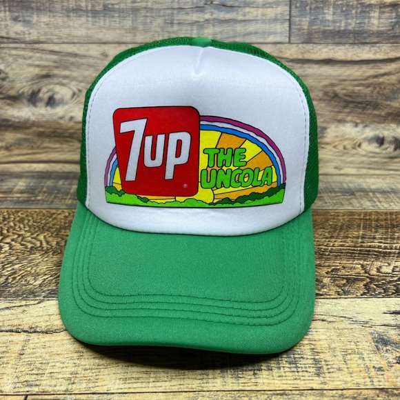 7UP Mens Trucker Hat Green Snapback 1970s Vintage Logo Soda Pop Baseball Cap - Picture 2 of 8